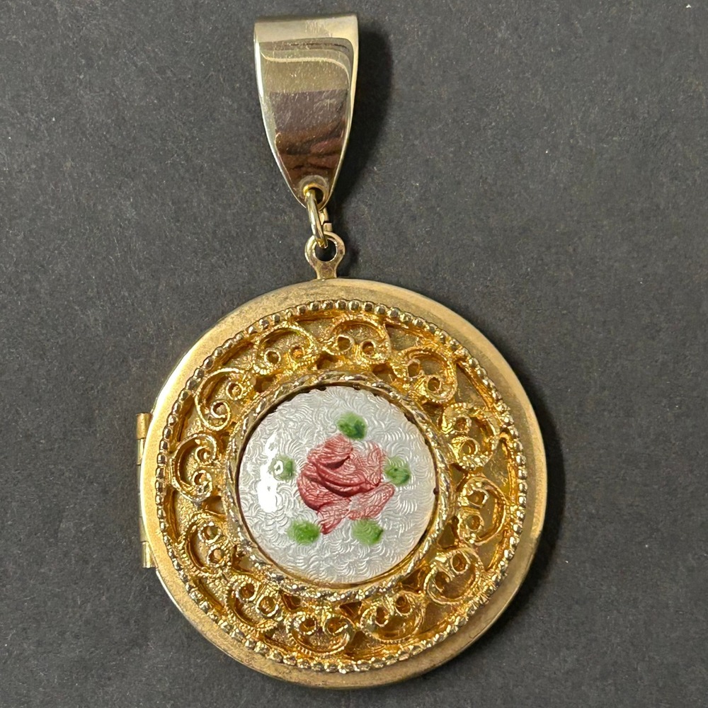 Vintage Locket Pendant Women Gold Tone Guilloche Enamel Rose Filigree